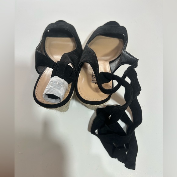 NWOT JUSTFAB BLCK LACE UP ESPADRILLE WEDGE HEELS OPEN TOE SIZE 9.5 - Picture 9 of 9